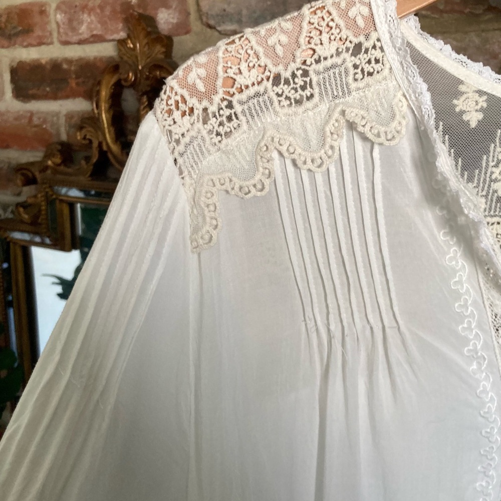 Johnny Was | Love Ivory + Ecru Lace-Trim Pintuck Victorian Boho Romantic Top S - Picture 10 of 16